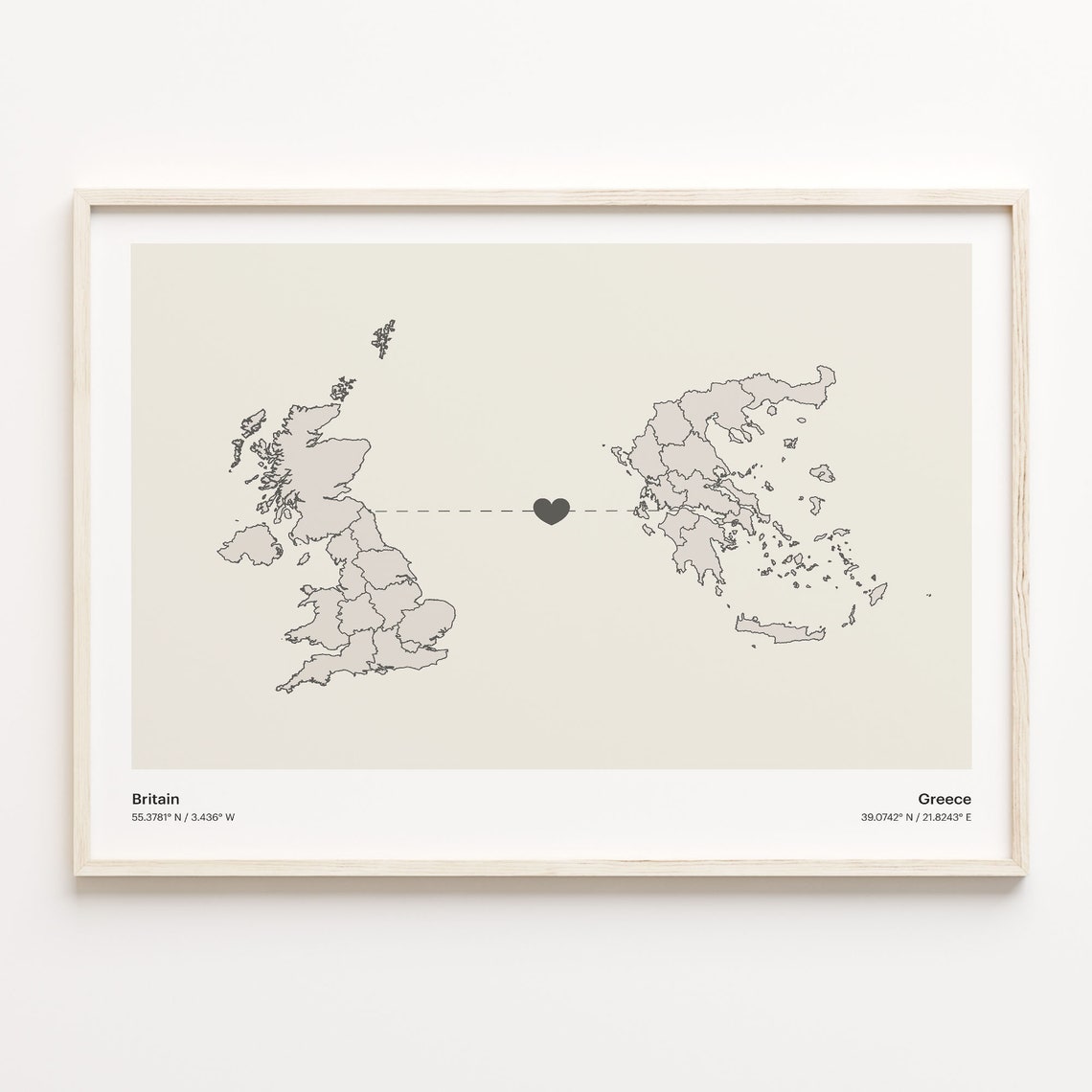 Britain and Greece Long Distance Heart Map Connection Poster