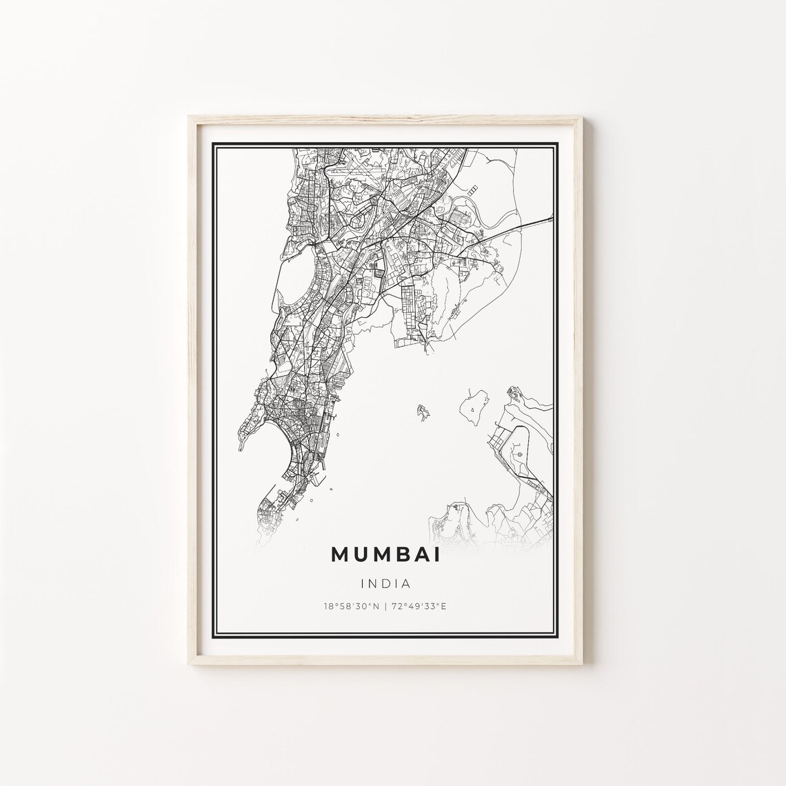 Mumbai India City Map Black White Street Line Art Minimalist Travel Poster