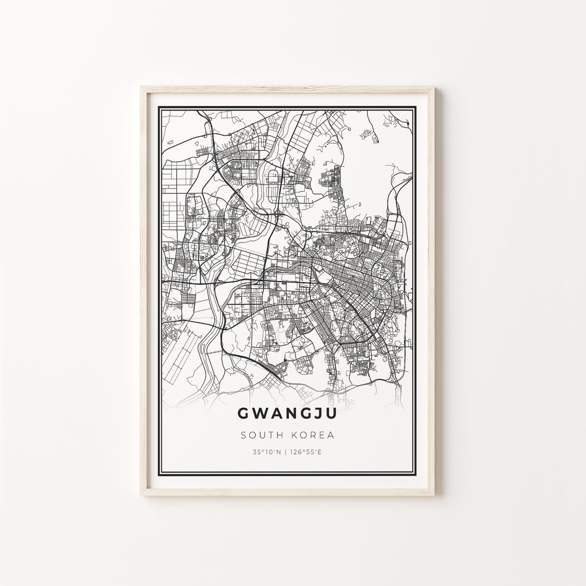 Gwangju South Korea Modern Black And White Street Map Coordinates Poster