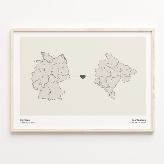 Germany To Montenegro Minimalist Love Connection Map Travel Poster
