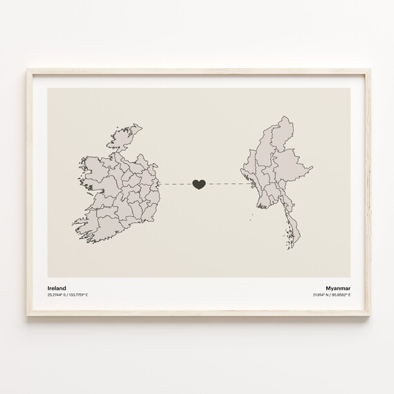 Ireland to Myanmar Long Distance Heart Map Minimalist Connection Poster
