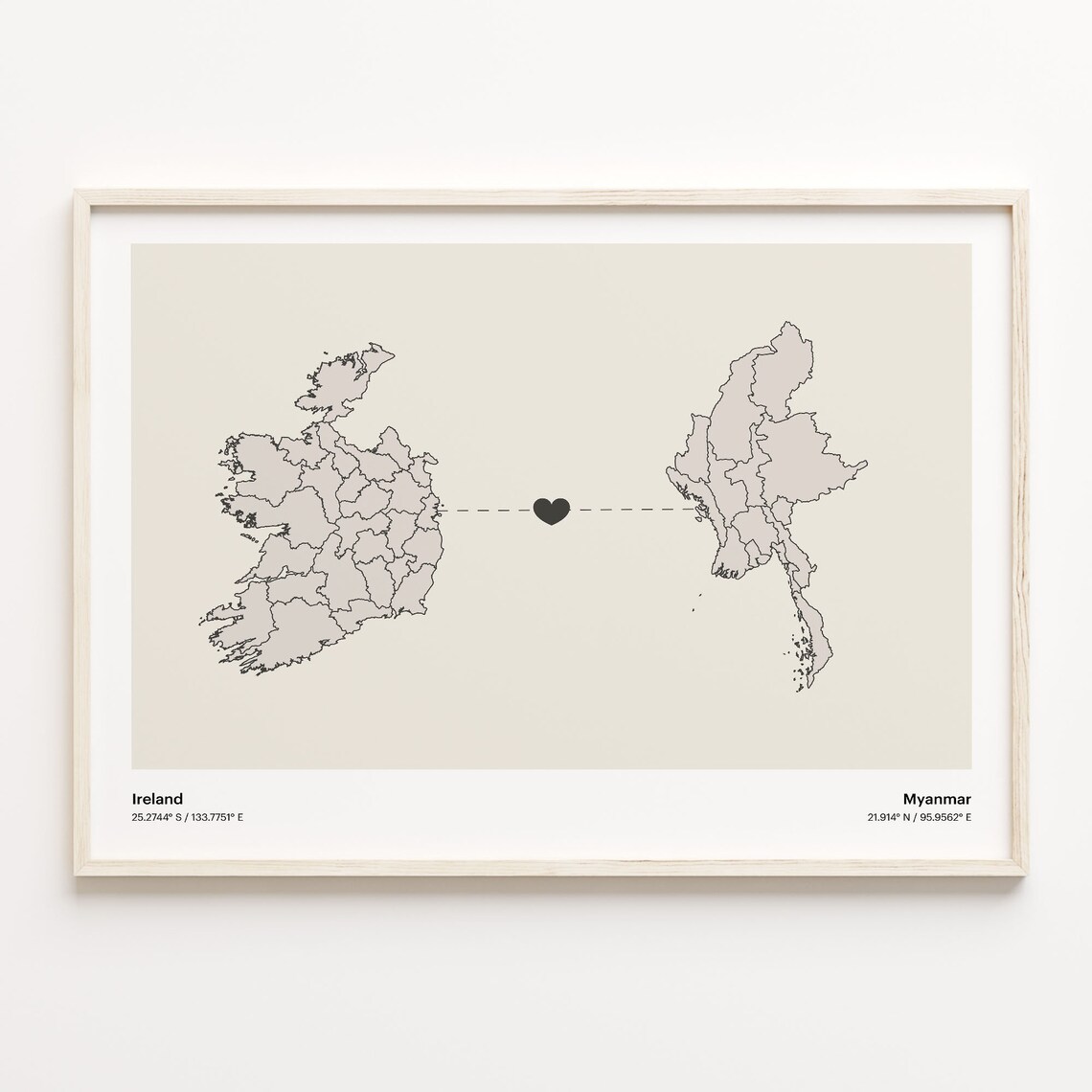 Ireland to Myanmar Long Distance Heart Map Minimalist Connection Poster