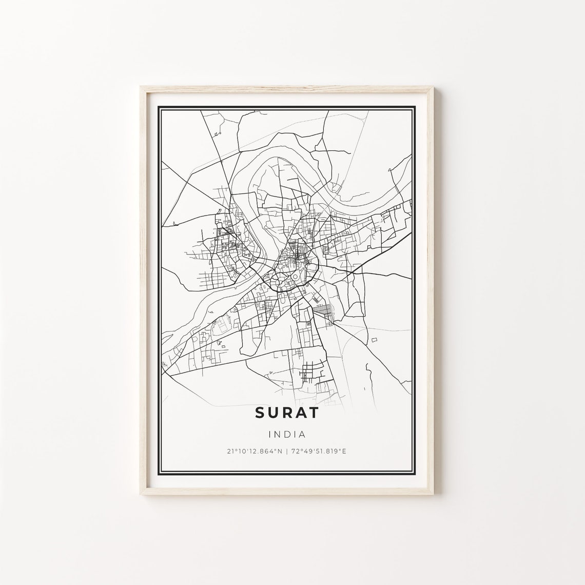 Surat India Black White Minimalist City Street Map Art Poster