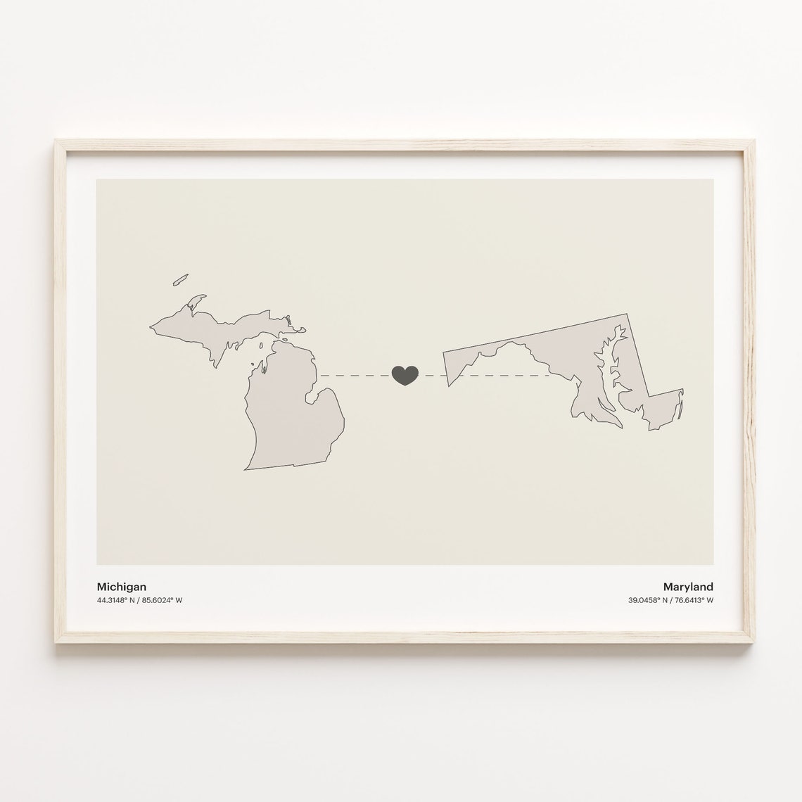 Michigan to Maryland Minimalist Long Distance Connection Map Poster