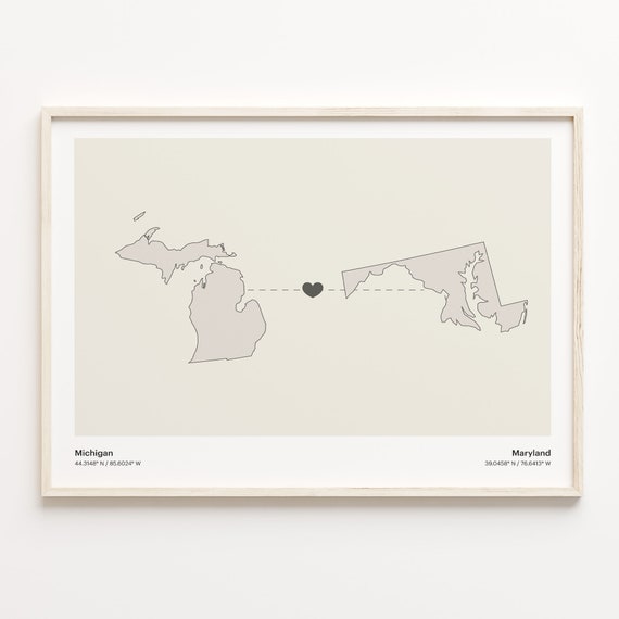 Michigan To Maryland Print Marylander Gift Minimalistic State Connection Map Poster Travel Wall Art Adventure Awaits C211683