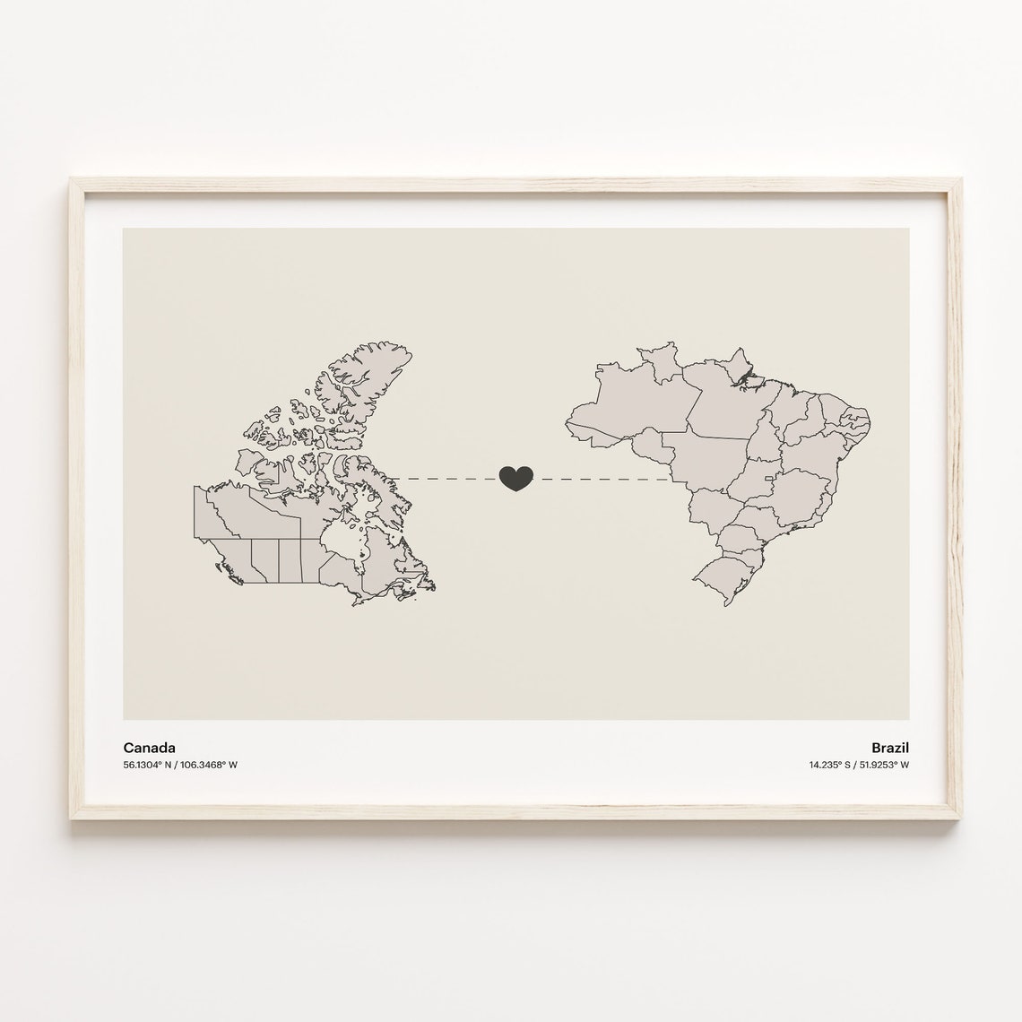 Canada To Brazil Minimalist Heart Connection Map Gift Poster
