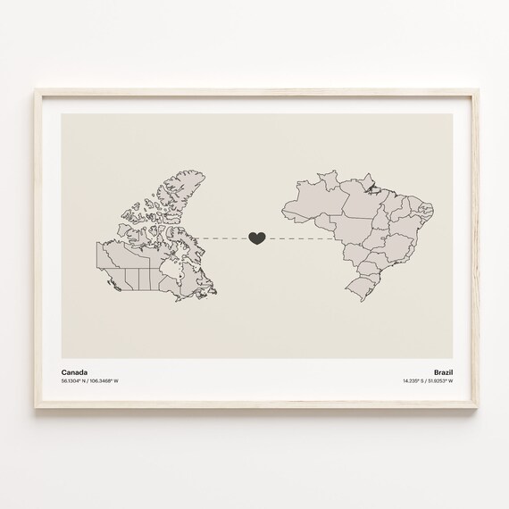 Canada To Brazil Minimalist Heart Connection Map Gift Poster