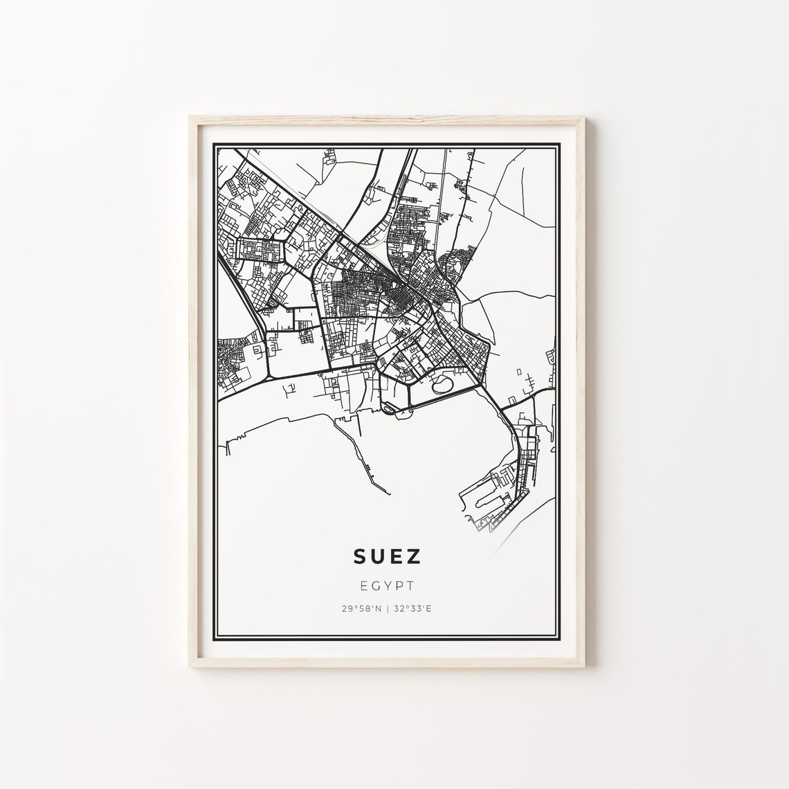 Suez Egypt Minimalist Black and White City Street Map Poster