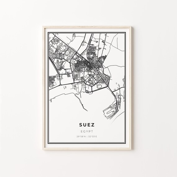 Suez Egypt Minimalist Black and White City Street Map Poster