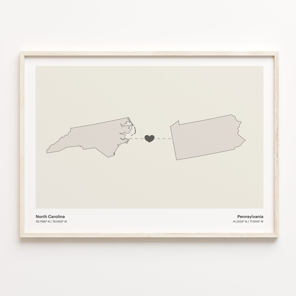 North Carolina to Pennsylvania Modern Minimalist Map Heart Line Art Poster