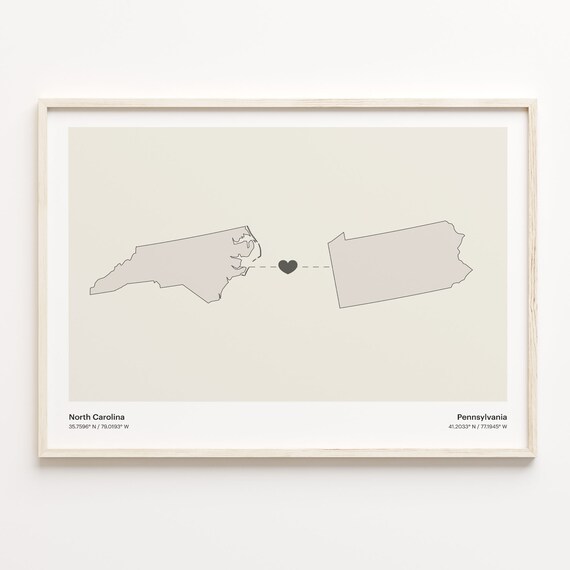 North Carolina to Pennsylvania Modern Minimalist Map Heart Line Art Poster