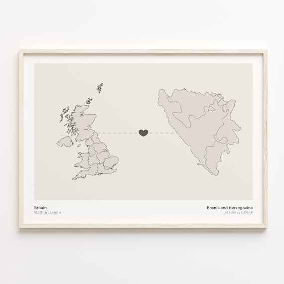 Britain to Bosnia and Herzegovina Heart Map Connection Poster