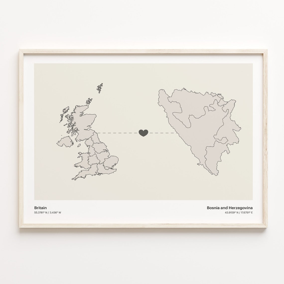 Britain to Bosnia and Herzegovina Heart Map Connection Poster