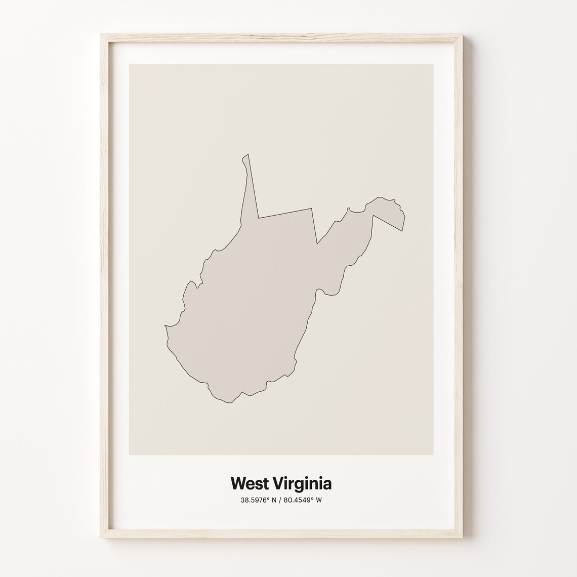 West Virginia State Map Beige Line Outline Minimalist Coordinates Poster