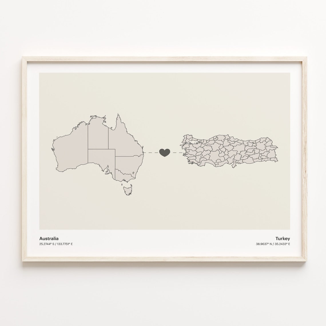Australia and Turkey Long Distance Love Country Connection Map Poster
