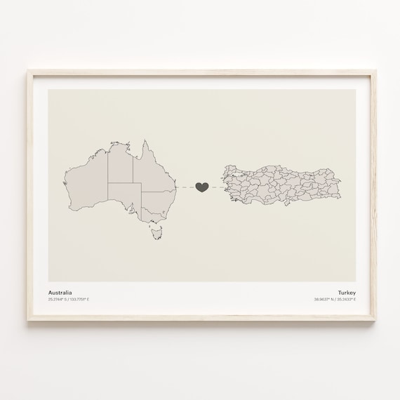 Australia and Turkey Long Distance Love Country Connection Map Poster