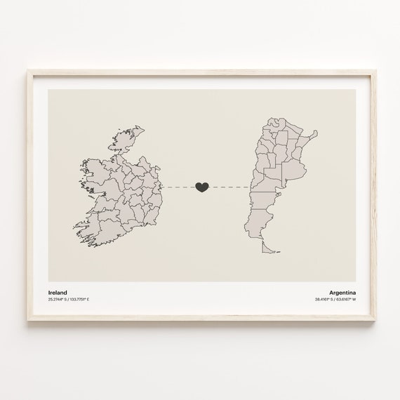 Ireland To Argentina Connection Map, Minimalist Travel Poster