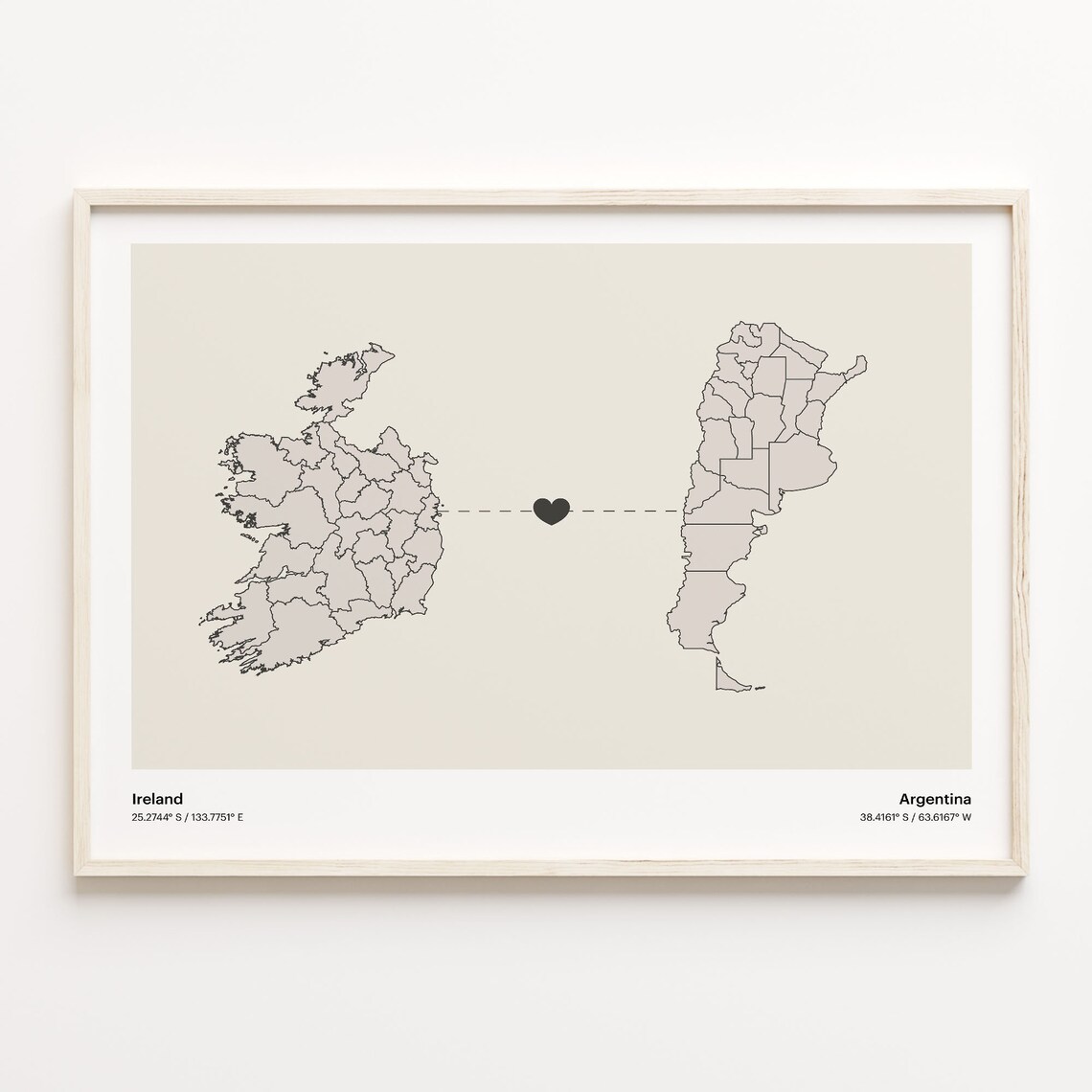 Ireland To Argentina Connection Map, Minimalist Travel Poster