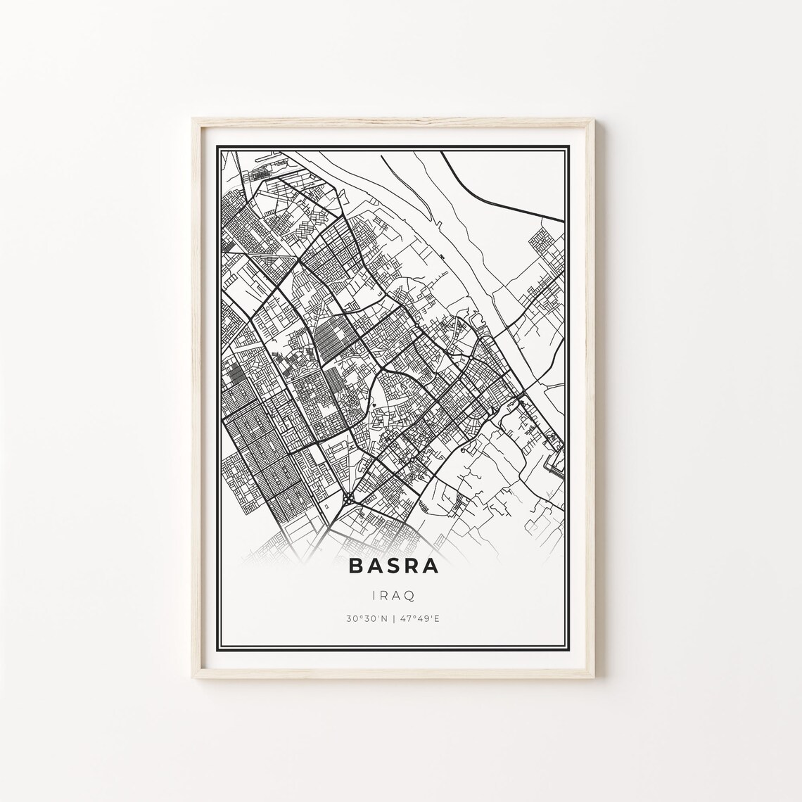 Basra Iraq Minimalist Black White City Street Map Art Poster