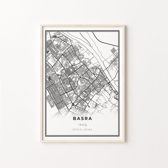 Basra Iraq Minimalist Black White City Street Map Art Poster