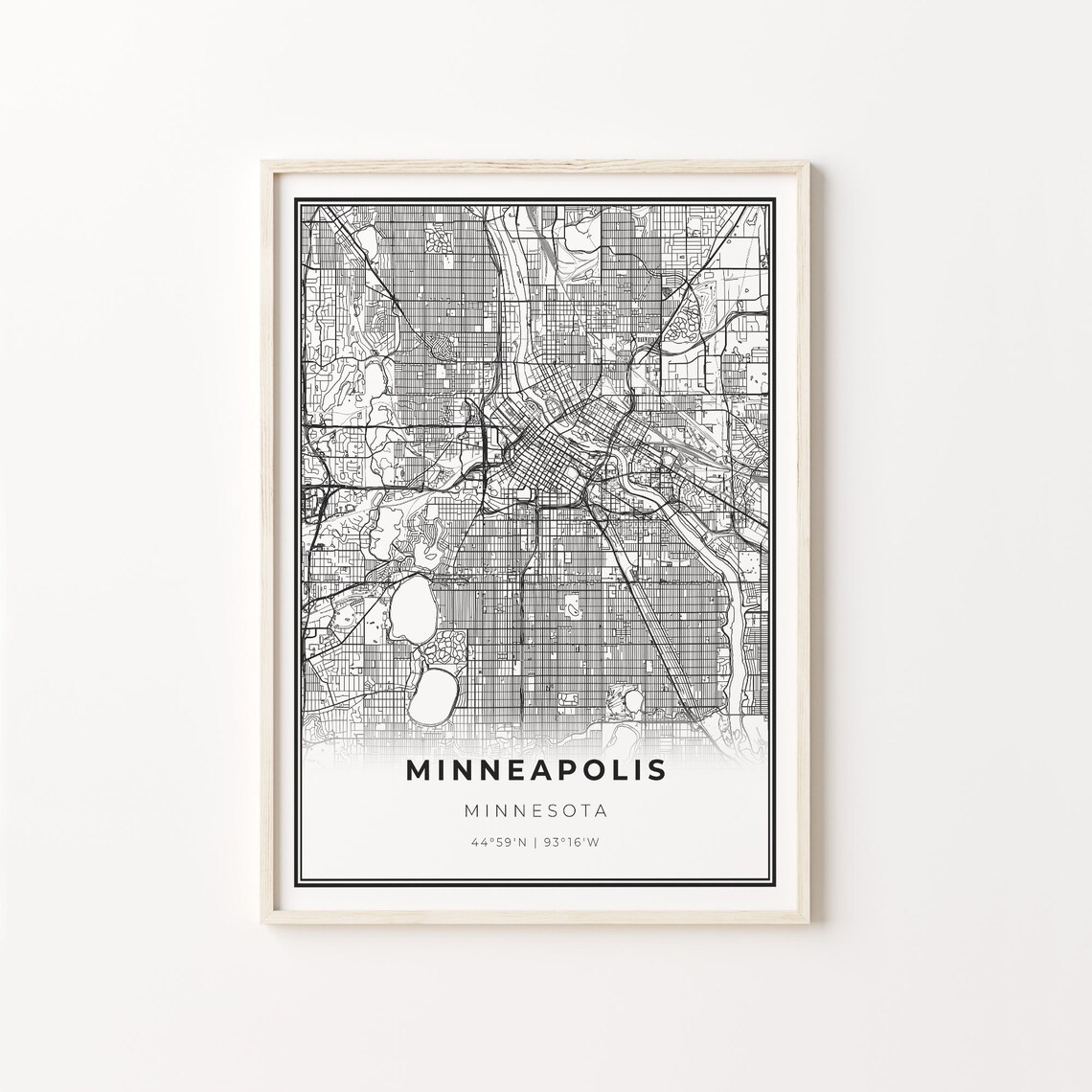 Minneapolis City Map Poster, Modern Black and White