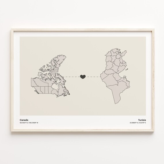 Canada to Tunisia Minimalist Heart Couple Connection Map Poster