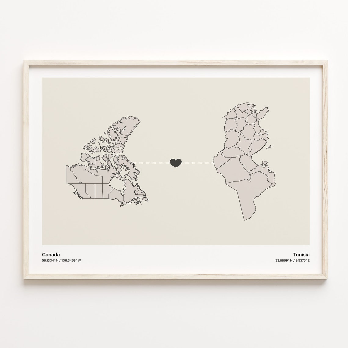 Canada to Tunisia Minimalist Heart Couple Connection Map Poster
