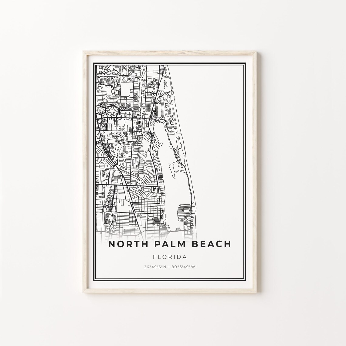 North Palm Beach City Map Art Poster, Modern Black and White