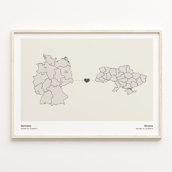 Germany to Ukraine Modern Minimalist Map Heart Line Art Poster