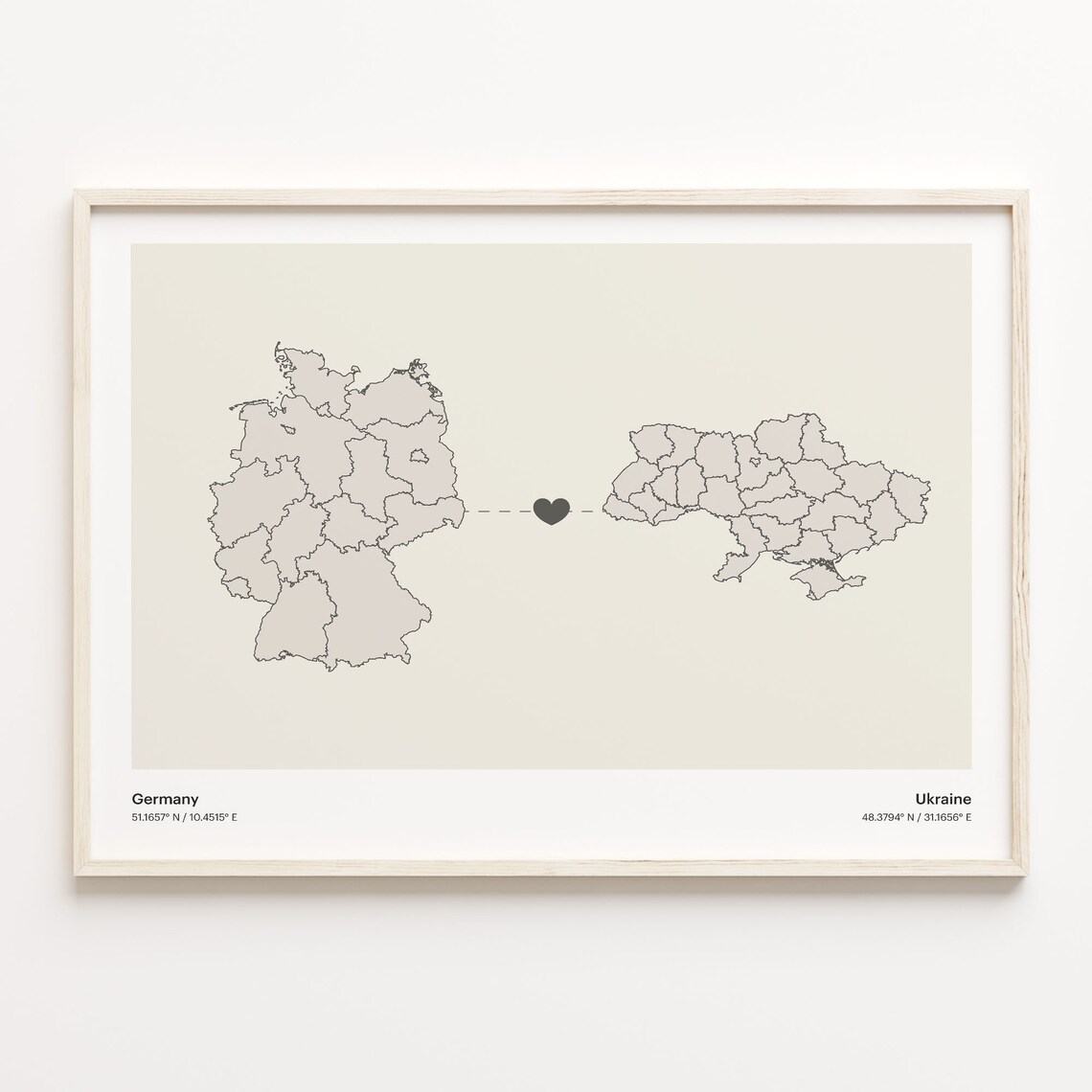 Germany to Ukraine Modern Minimalist Map Heart Line Art Poster