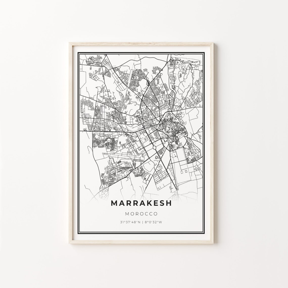 Marrakesh Morocco Modern Minimalist Black and White City Map Poster