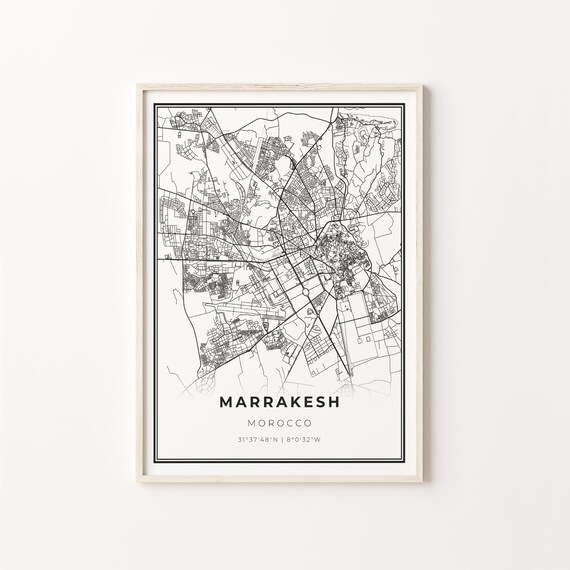 Marrakesh Morocco Modern Minimalist Black and White City Map Poster