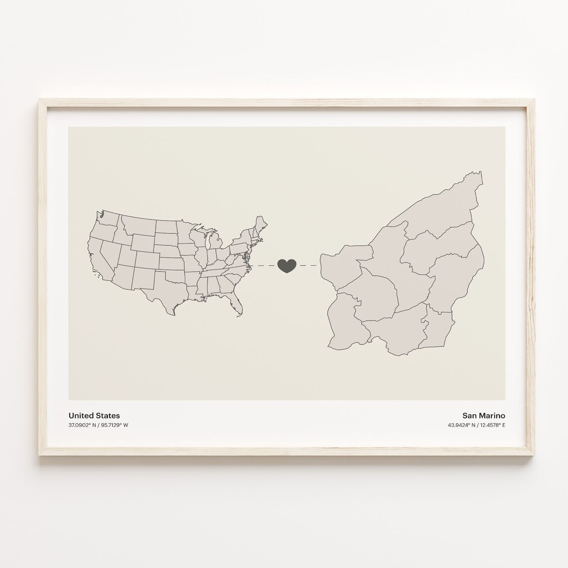 United States To San Marino Long Distance Heart Map Minimalist Poster