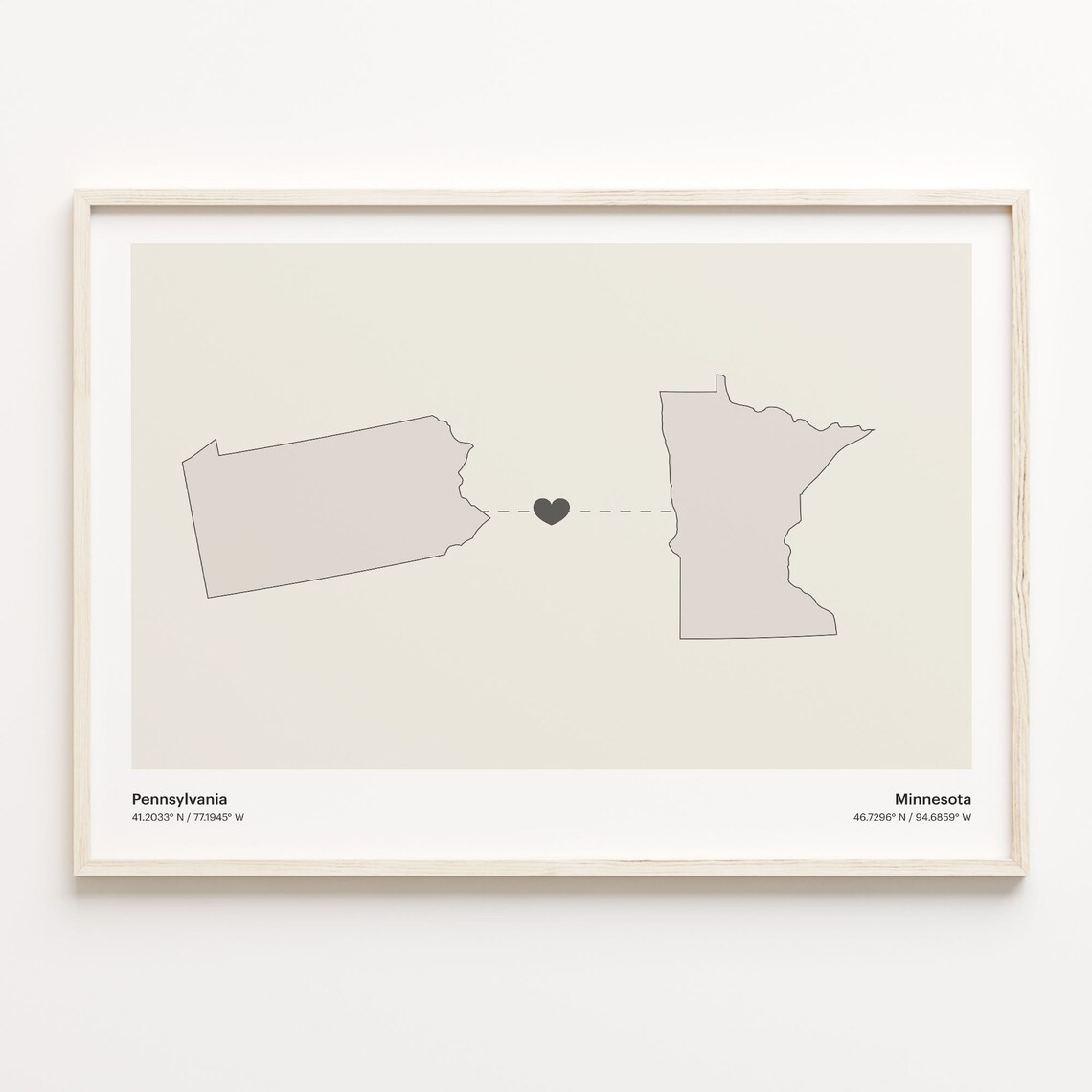 Pennsylvania to Minnesota Long Distance Heart Map Minimalist Connection Poster