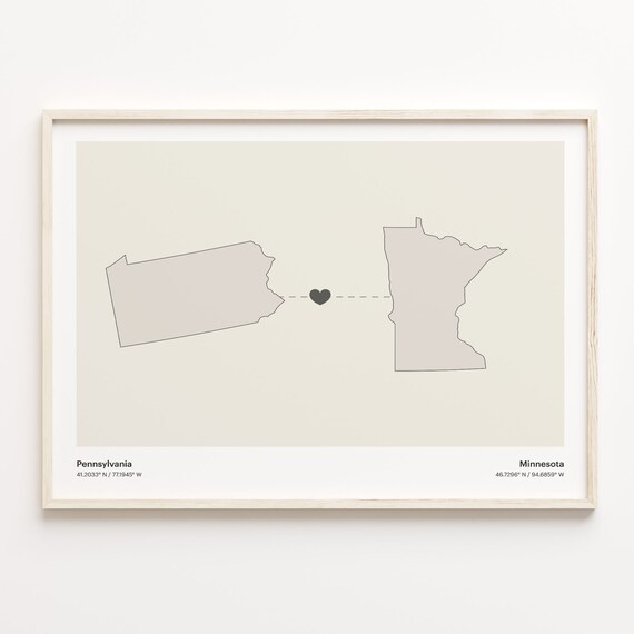 Pennsylvania to Minnesota Long Distance Heart Map Minimalist Connection Poster