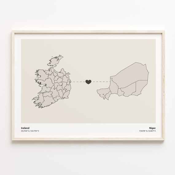 Ireland to Niger Long Distance Heart Map Minimalist Connection Poster