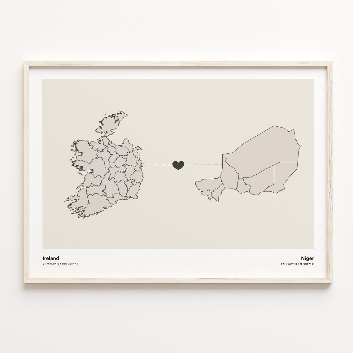 Ireland to Niger Long Distance Heart Map Minimalist Connection Poster
