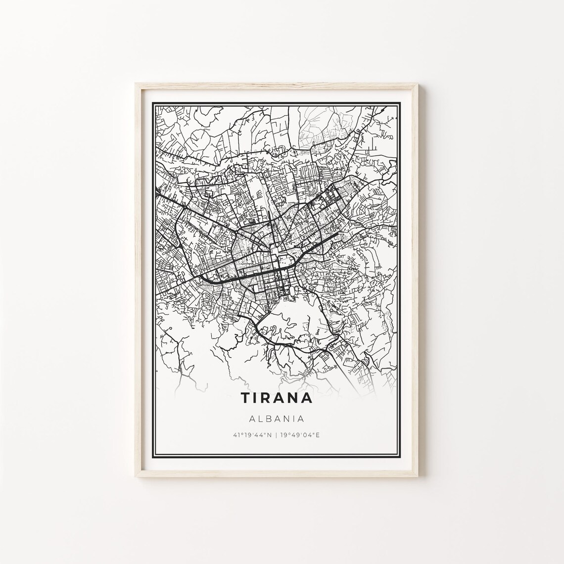 Tirana Albania Minimalist Black White City Street Map Art Poster
