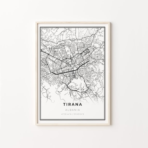 Tirana Albania Minimalist Black White City Street Map Art Poster
