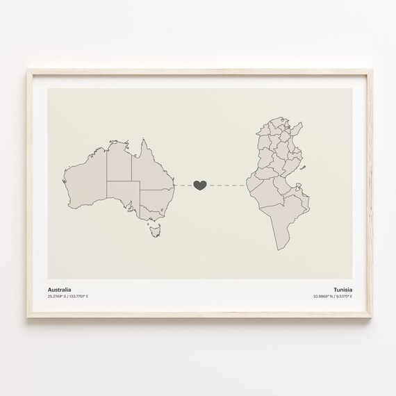 Australia to Tunisia Modern Minimalist Map Heart Line Art Poster