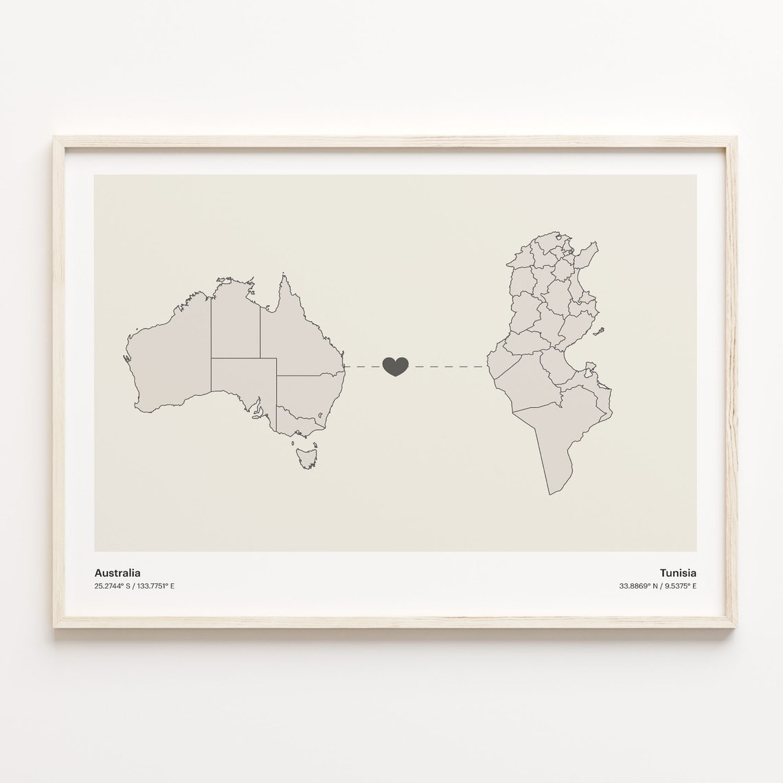 Australia to Tunisia Modern Minimalist Map Heart Line Art Poster