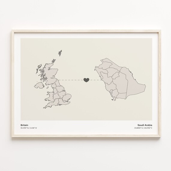 Britain To Saudi Arabia Heart Connection Minimalist Map Art Print