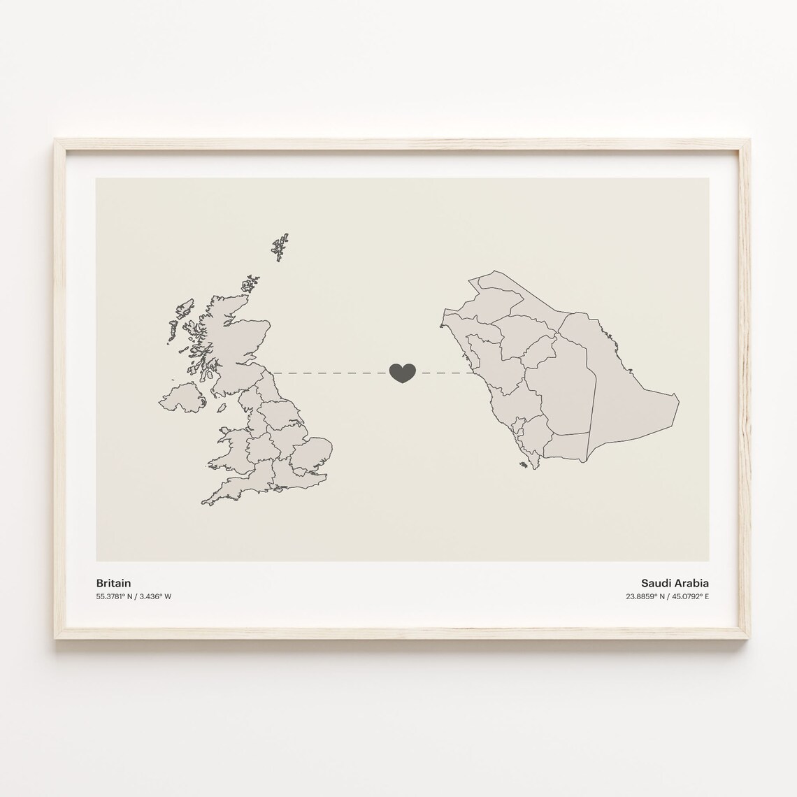 Britain To Saudi Arabia Heart Connection Minimalist Map Art Print