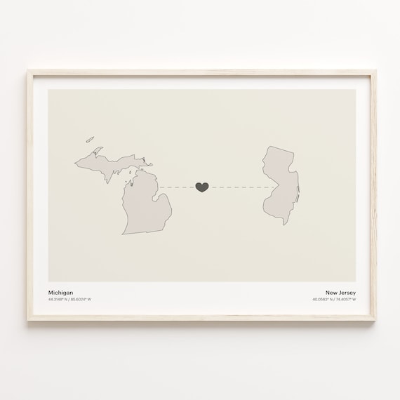 Michigan New Jersey Beige Minimalist Heart Connection Map Poster