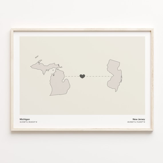 Michigan To New Jersey Print Jerseyan Gift Minimalistic State Connection Map Poster Travel Wall Art Moving Away C211694
