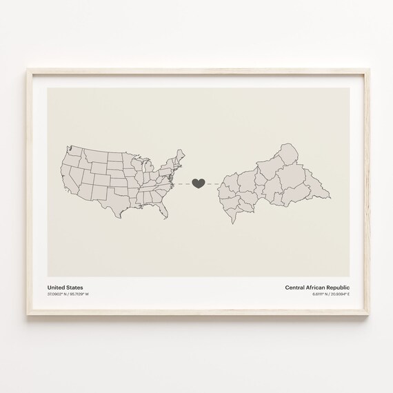 United States to Central African Republic Heart Map Connection Poster