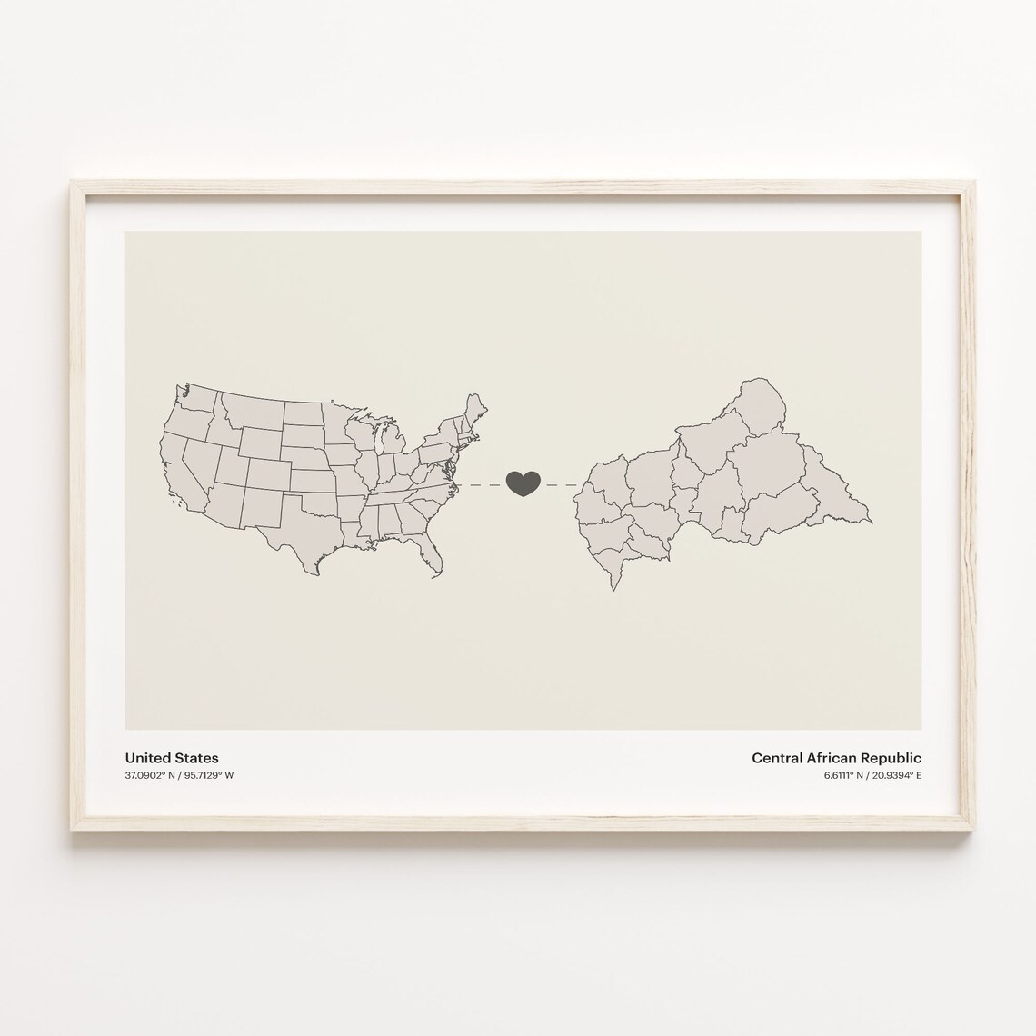 United States to Central African Republic Heart Map Connection Poster