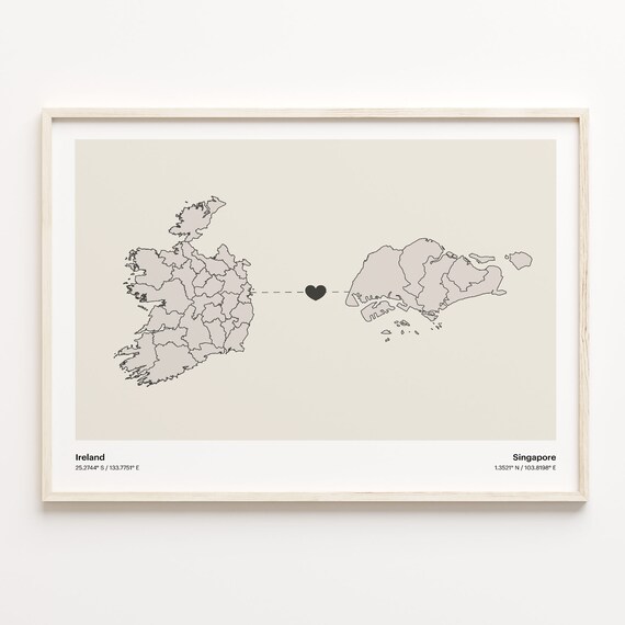 Ireland to Singapore Long Distance Heart Map Minimalist Connection Poster