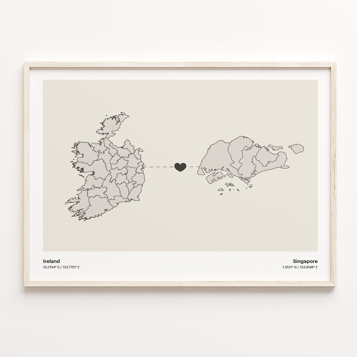 Ireland to Singapore Long Distance Heart Map Minimalist Connection Poster