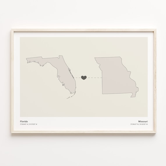 Florida To Missouri Heart Connection Minimalist Beige Map Poster